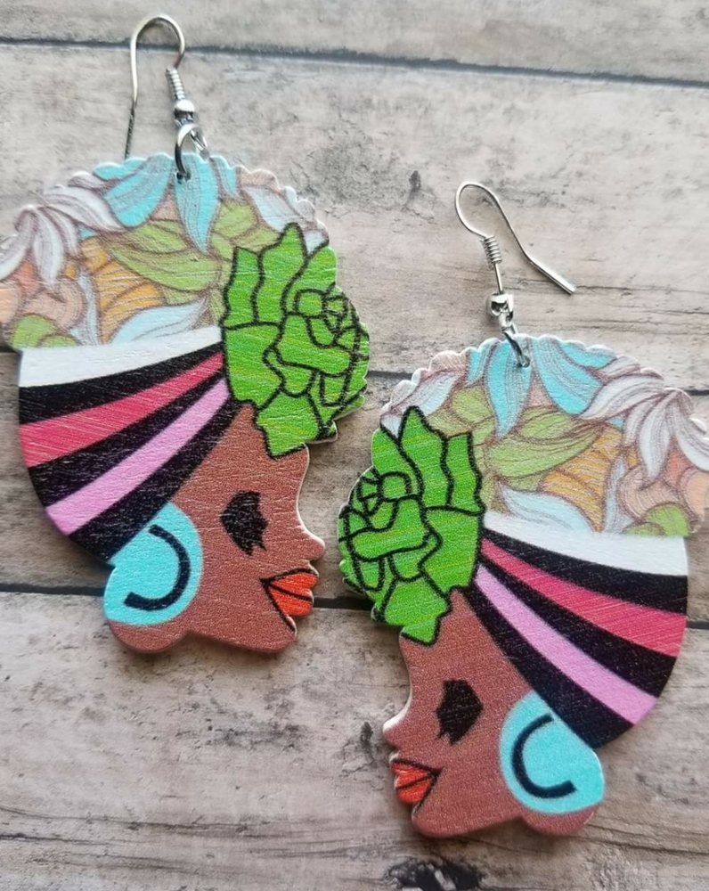 Green Rose Melanin Wood Headwrap Earrings